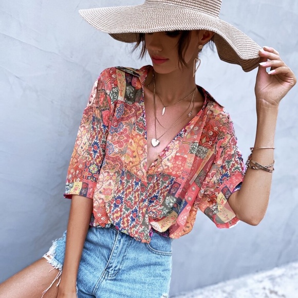 Boho Floral Print Tribal Oversized Blouse Red 90s - Picture 5 of 5